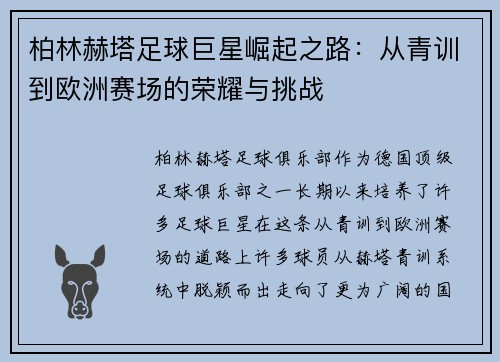 柏林赫塔足球巨星崛起之路：从青训到欧洲赛场的荣耀与挑战